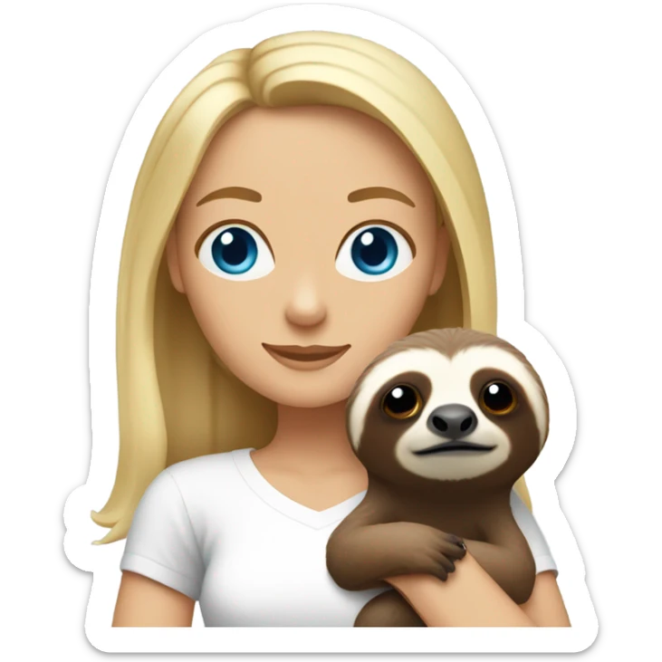 Lady with shoulder length blonde hair and blue eyes in white t-shirt holding a sloth sticker