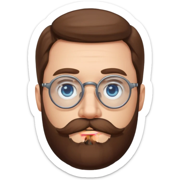 White man with blue eyes, long brown hair, large round glasses, mustache and beard sticker