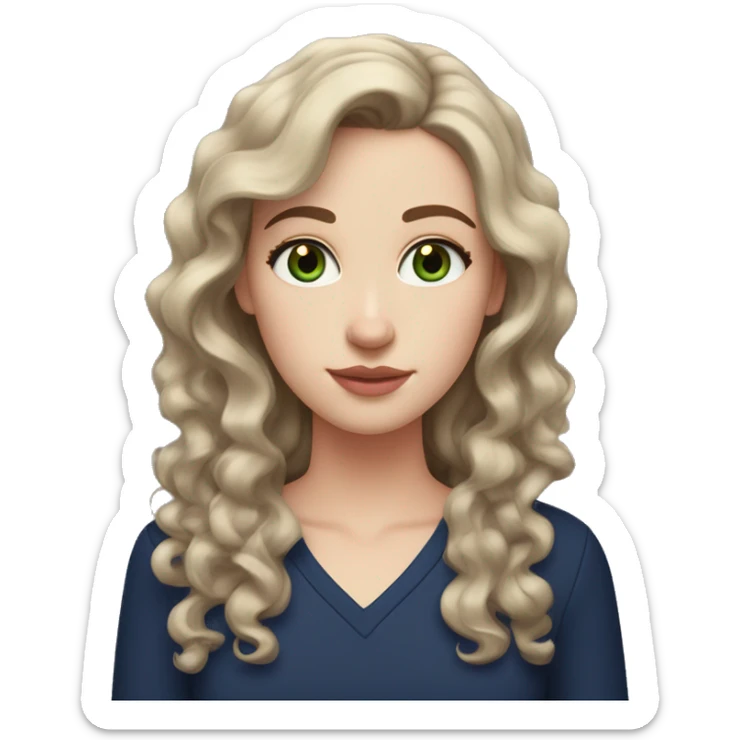 A pale white girl with curly brown hair that reaches down to her chest, her hairstyle parted in the middle, grayish green eyes with a mole next to her left eye and wearing a navy blue shirt and natural pink lips. sticker