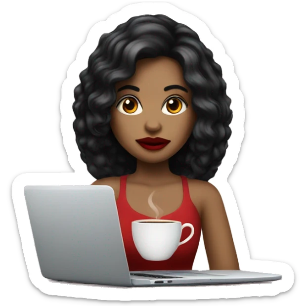 Girl with black hairs black eyes with red lips and laptop and cup of coffee  sticker