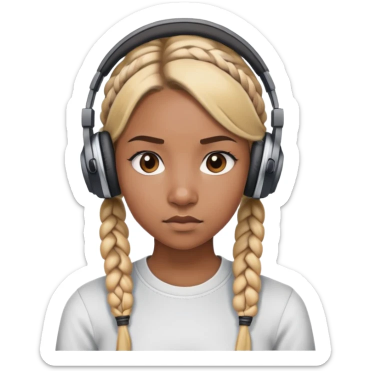 "- Nữ
- 20 tuổi
- Da nâu
- Tóc tết 2 bím, tóc vàng
- Đeo tai nghe
- Mặt nghiêm túc
" sticker