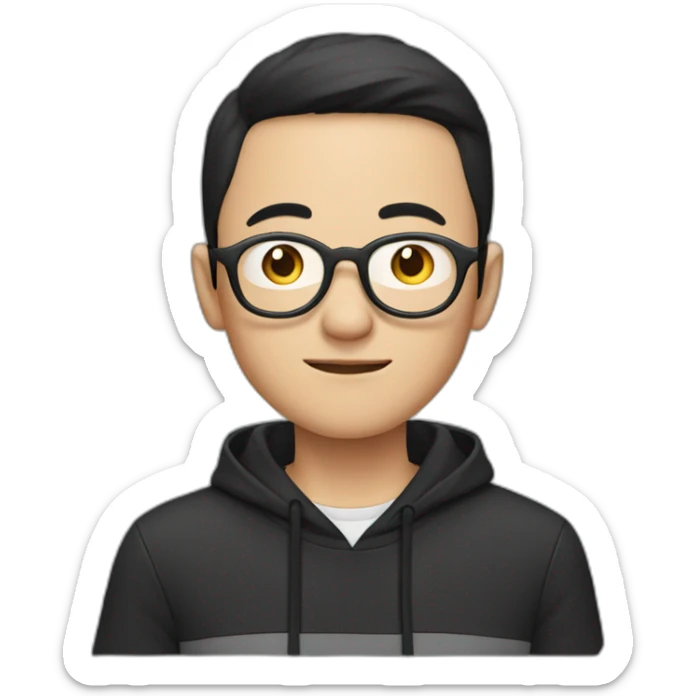 A mature Chinese boy with black hair and circle-shaped eyeglasses wearing black hoodie sticker