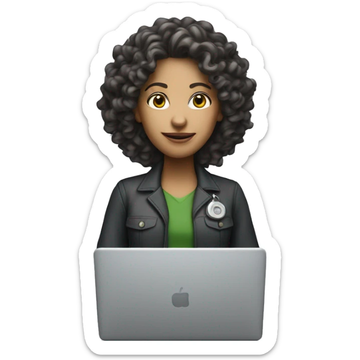 A white-faced woman engineer with curly hair with a laptop in front of her sticker