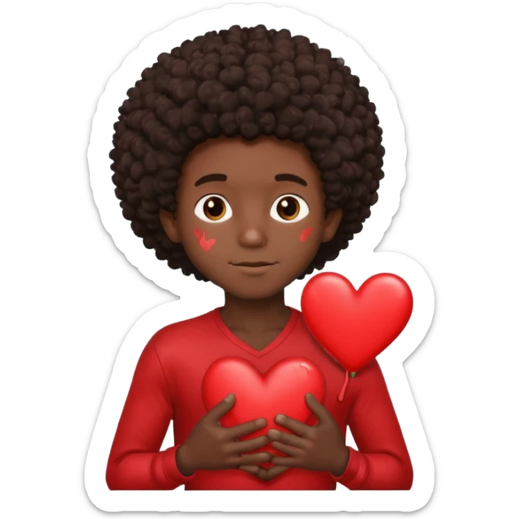 I want a black boy with chocolate skin and a small messy afro holding a heart close to his chest as if to present it to someone he loves. sticker