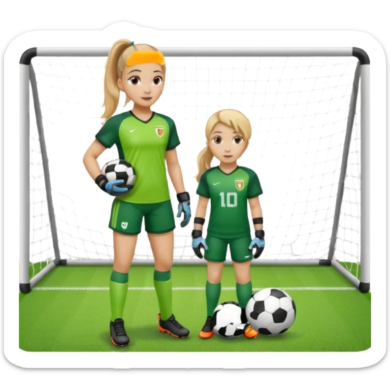 Make a dirty blonde football goalkeeper with goalkeeper gloves on holding a football. The girl is light skinned and wearing a football kit and football shoes. Standing in front of football goal. Wearing a ponytail with the dirty blonde hair sticker
