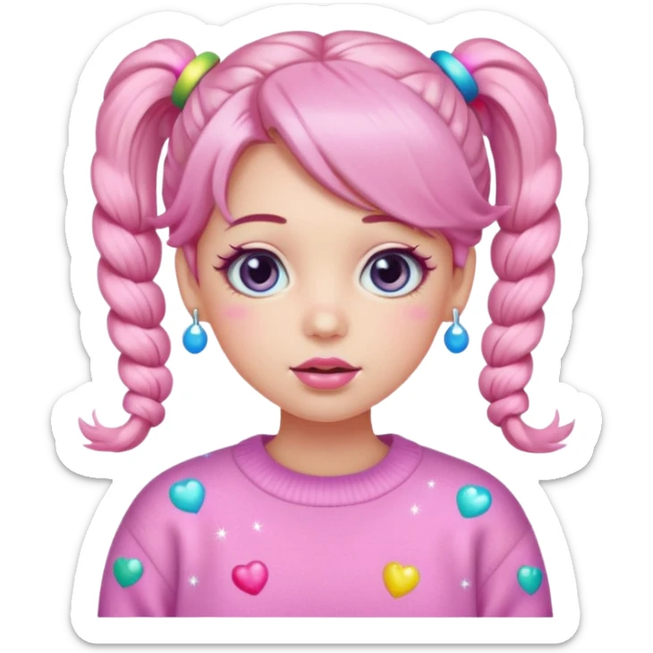 “Emoji girl, pastel pink blush, sparkly wide eyes, glossy bubblegum lips, hair in pigtails with colorful clips, oversized pastel sweater.” sticker