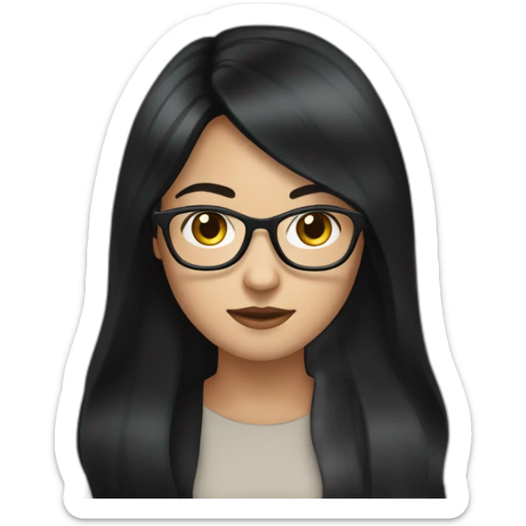 generate emoji unrussian girl with long black hair, glasses, dark-black hair, brown eyes sticker