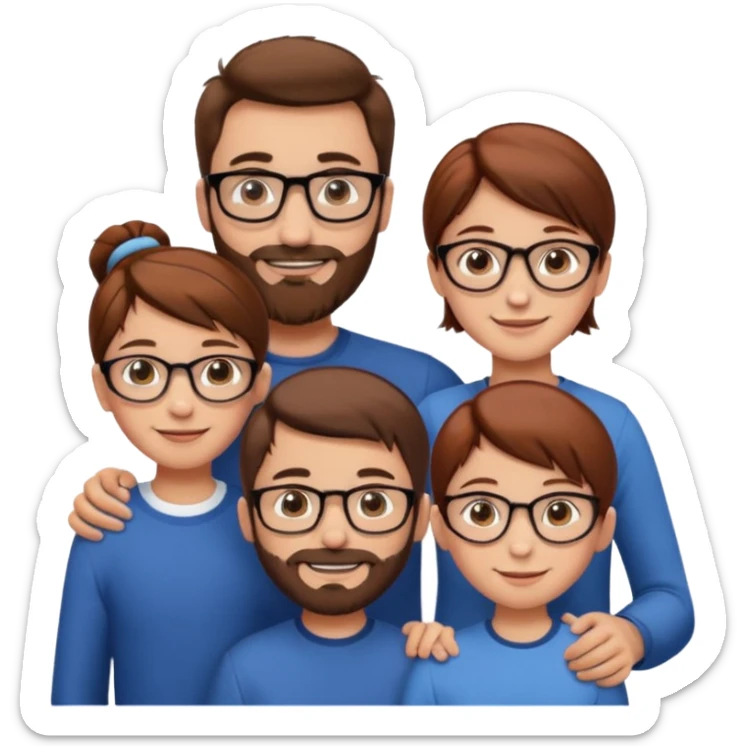 white European family smiling, tall man with brown hair and beard, shorter woman with brown hair in bun and glasses, 10-year-old boy with short brown hair, 8-year-old girl with long brown hair, 6-year-old boy with short red hair, emoji style sticker