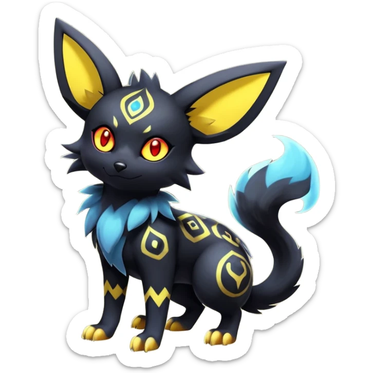 Shiny Exotic Badass Colorful Ethereal Royal Mysterious Gothic Umbreon-Zorua-Litten-Noibat-Pokémon-Fakémon-hybrid-creature (full body) with pattern-markings sticker