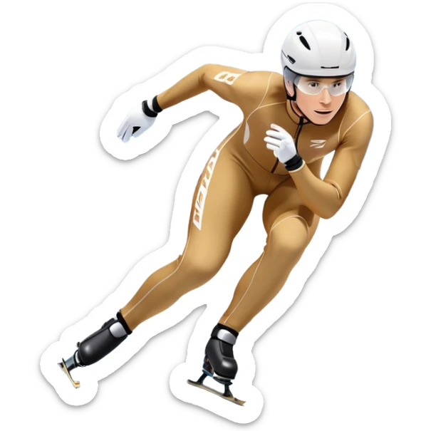 An icon showing a grand arena, snow-covered mountains in the distance, and a crisp blue sky. professional speed skater leaning into a turn on a polished ice track, dressed in a sleek suit and helmet. Transparent background highlights speed and precision. sticker