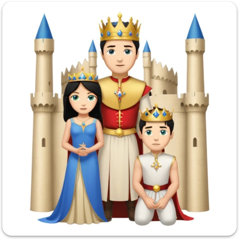 Man as king, standing, black Hair, blue eyes, woman, blonde, green eyes, shott white sleveless Dress, kneeling, background palace sticker