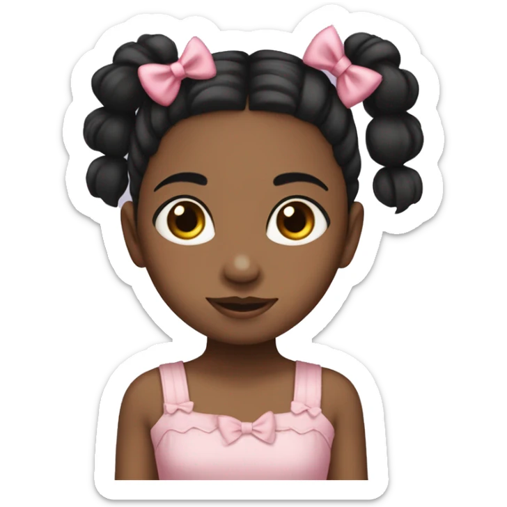 little girl with black pigtails, brown eyes, pink cami dress, and bows in her hair sticker