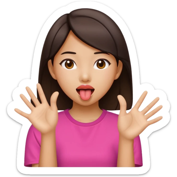 A Asian girl with her tongue out and hands by her side pushing away sticker