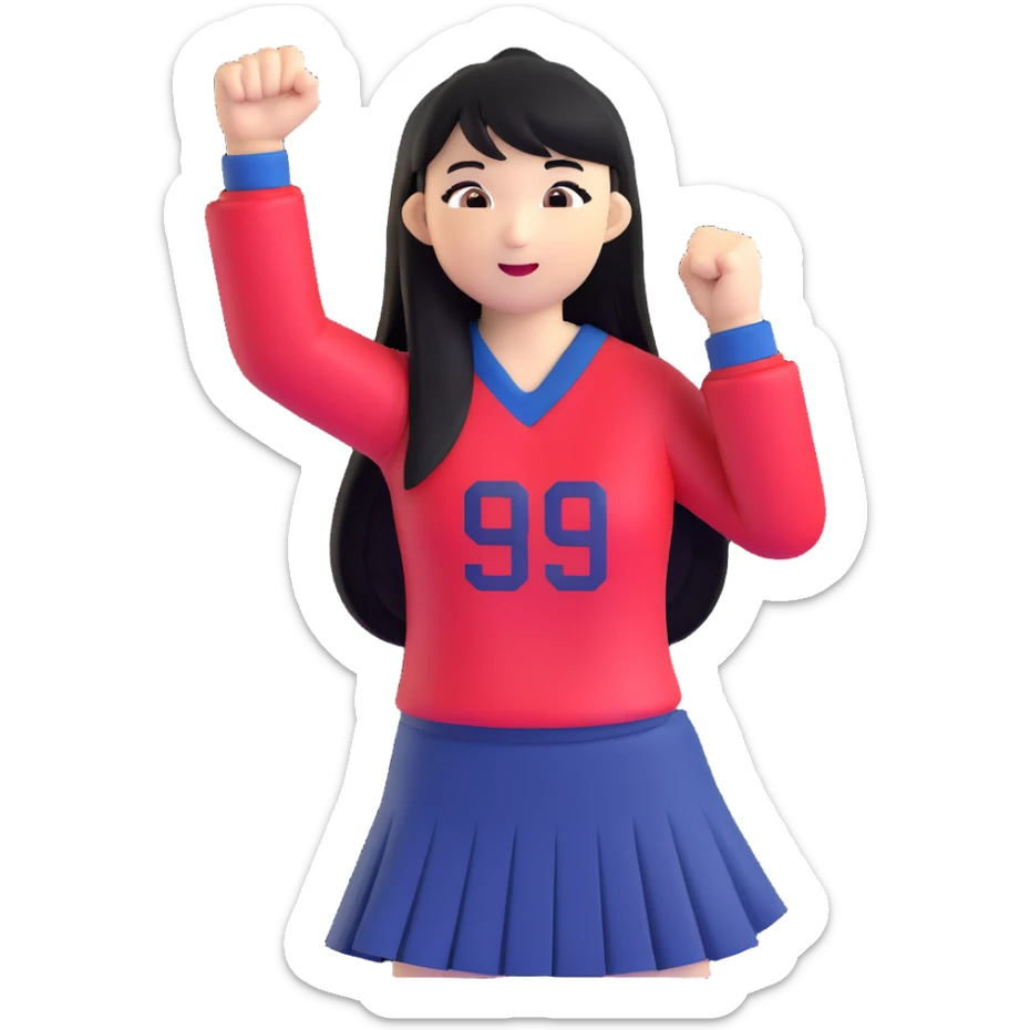 East Asian woman with long black straight hair and bangs wearing Doosan Bears team colors navy blue and red, cheering sticker