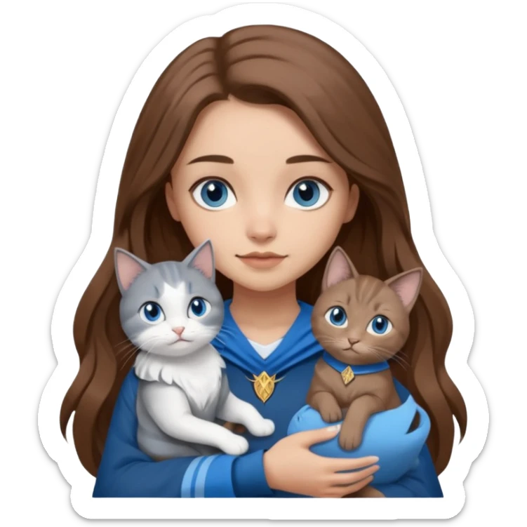 gorgeous Girl with light skin, blue eyes, long brown hair, wears a ravenclaw outfit, with a grey and white cat holding in her arms sticker