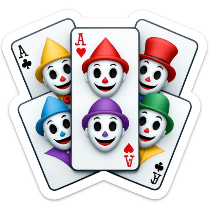 bunch of 3 poker cards, with crazy colorful human jolly jokers inside, inversed face, cuphead style sticker