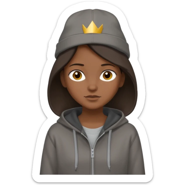 Hobo tomboy with shoulder-length center-parted dark brown hair. brown eyes, dark dull brown hoodie, grey shirt. Flat crown bolero hat sticker