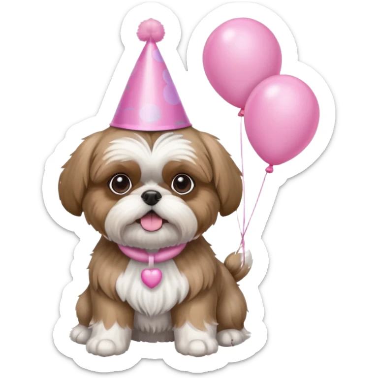cute shih tzu hold a few pink balloons  with pink birthday hat sticker