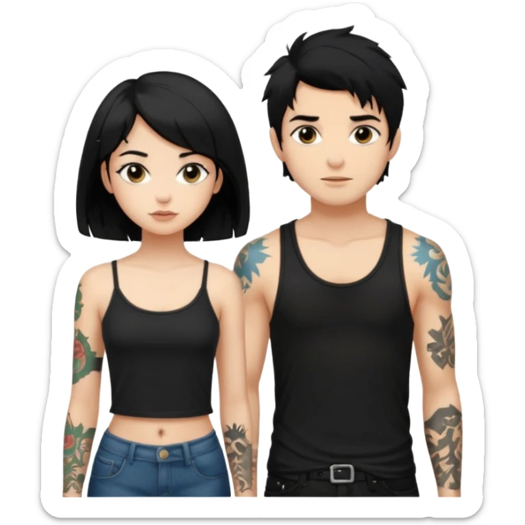 generate a fair boy with messy black hair, tattoos. standing beside a fair black haired girl wearing a black cami top. sticker