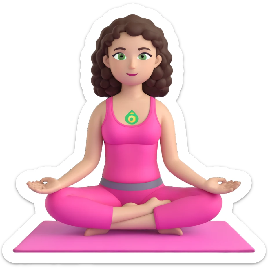 girl with dark brown curly hair and green eyes, in pink yoga clothes, meditating on a yoga mat, emoji style sticker