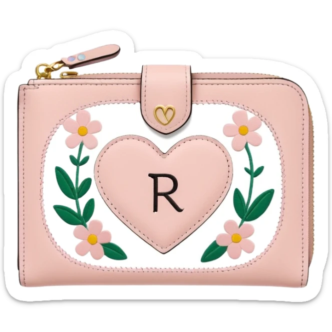 Pale Pink cute Wallet with heart charm, credit cards inside and flowers growing embroidered on it, clean aesthetic, letter R charm on it sticker