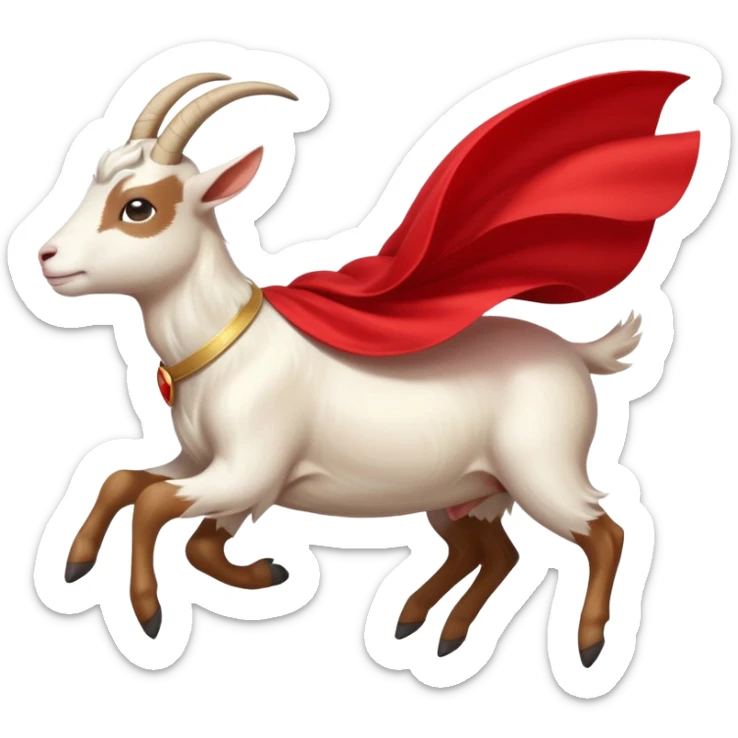 side view of white female goat wearing a read cape like superman sticker