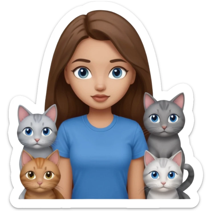 a pretty bratz dusky light skin girl with long brown hair, blue eyes with six cats nd wearing a grey tshirt sticker
