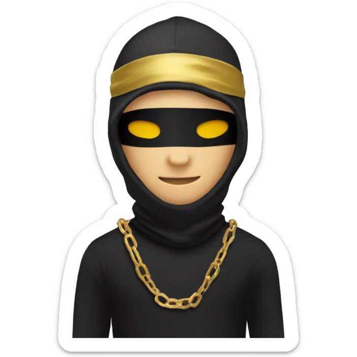 Sticker, a man wearing a black T-shirt and a black balaclava mask and a gold chain on his chest surrounded by a white outline, on a transparent background." sticker