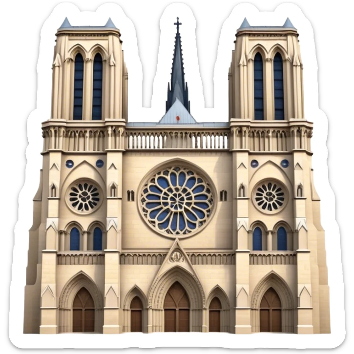 Cinematic Realistic Notre-Dame Cathedral Landmark Emoji, showcasing the Gothic splendor of the cathedral rendered with detailed stone carvings and majestic, soft lighting. sticker