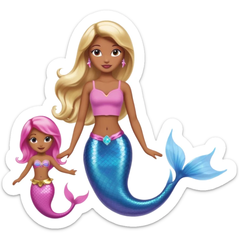 Brown skin blonde hair barbie mermaid with pink tail and dolphin  sticker