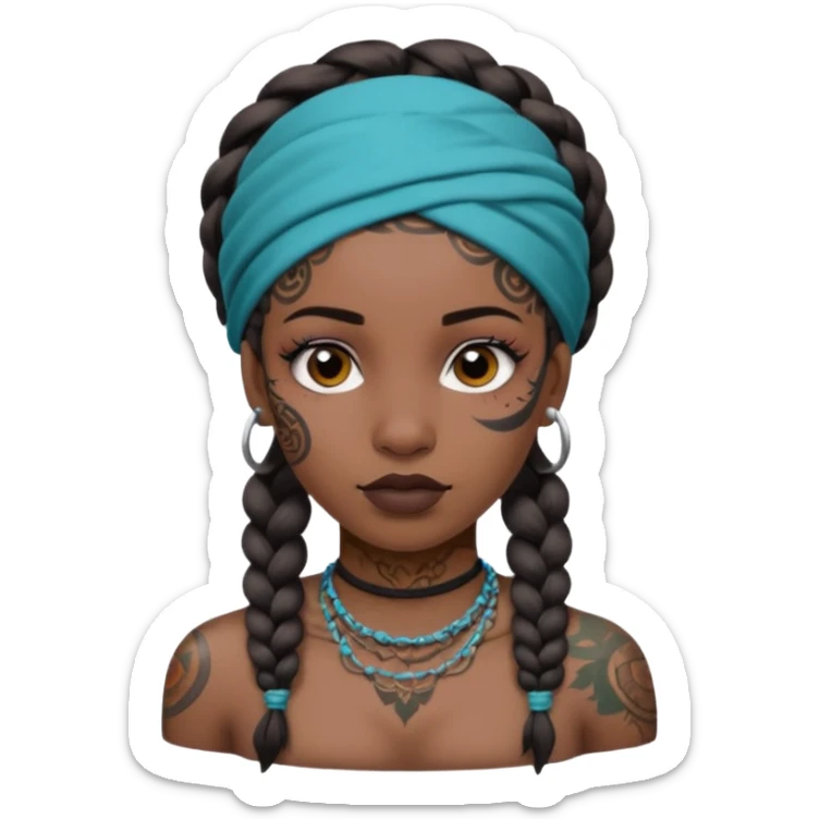 big lose braids starting from the top of the head woman face wiith big visible braids and mono color headband on head  face and braids as big as headband and lots and lots of face tattoos colored tattoos like a tattoo artist sticker