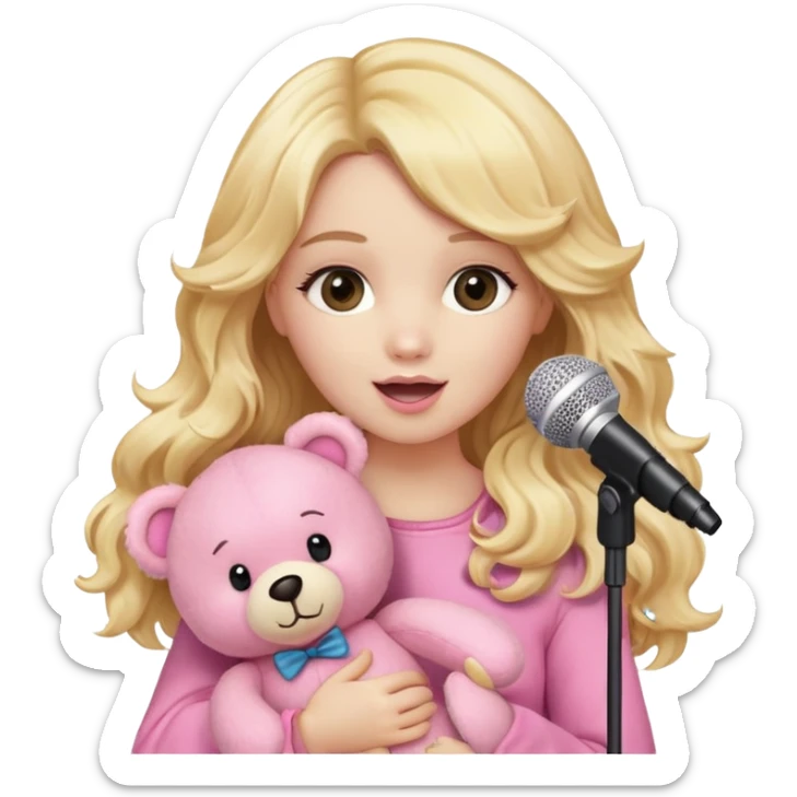 An emoji of a blonde female singer holding a plush pink teddy bear. She has long, wavy golden hair and is singing into a microphone with a passionate expression. The pink teddy bear is soft and fluffy, adding a cute and playful touch. A mix of glamour and sweetness sticker