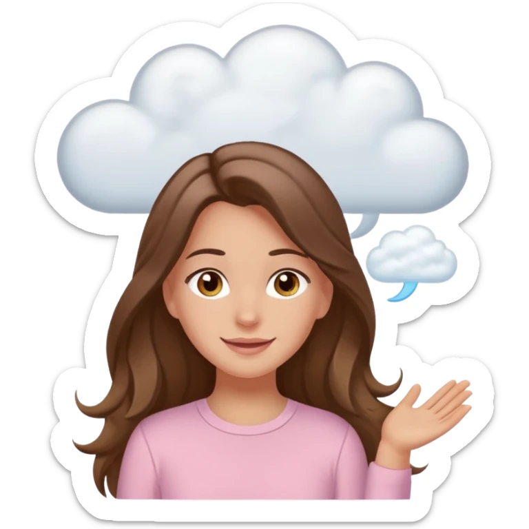 happy white long brunette hair girl with hazel eyes in light pink with white cloud thought bubble sticker