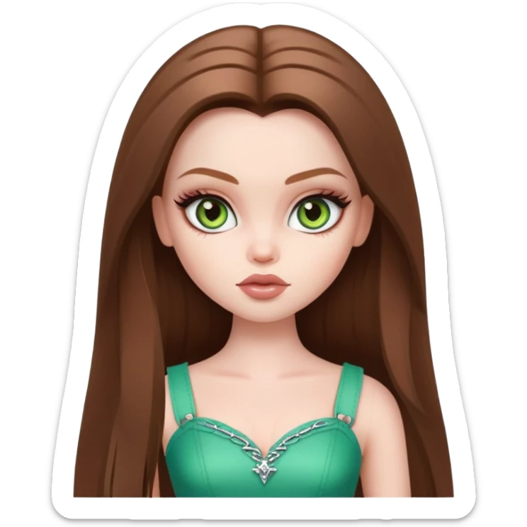 pretty bratz baddie, pale skin, straight brown hair, hazel green eyes sticker