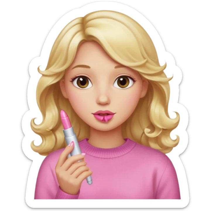 A long curled blonde haired girl with a pink sweater and holding a lip gloss sticker