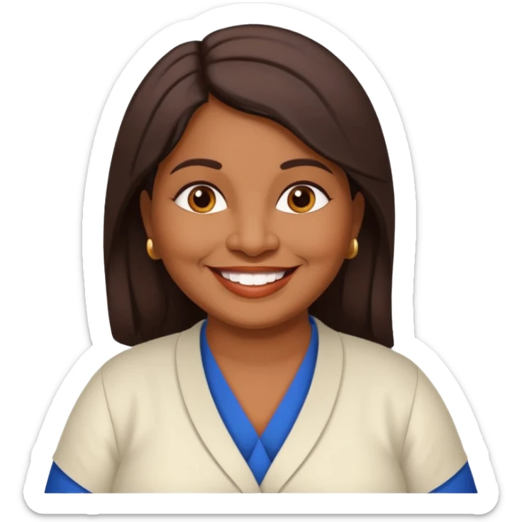 50 yr old chubby Sri Lankan woman, dark skin, straight brown hair, big smile, white teeth, european clothes, hair sticker