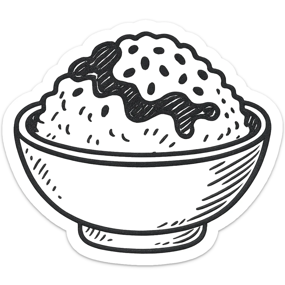 A dish of rice topped with black sesame seeds and soy sauce. sticker