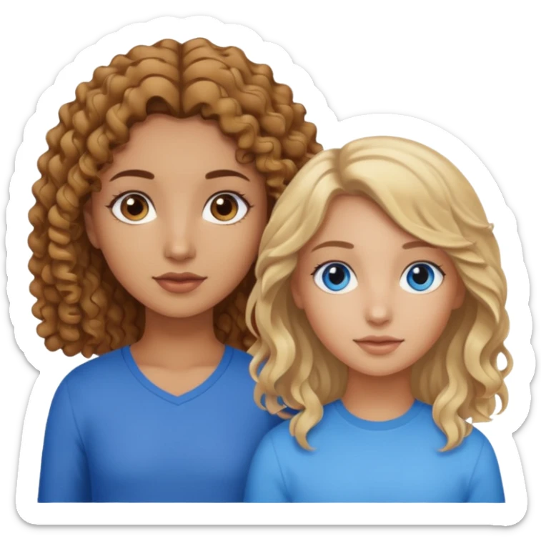 Tan girl with brown curly hair and brown eyes next to a tan girl with straight blonde hair and blue eyes sticker