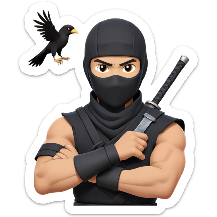 clash-of-clans-aesthetic_-cinematic-mysterious-male-ninja-portrait-emoji, rendered in a flat, vector-style with minimal shading and bold, simplified shapes, his arm is stretched out  with a head slightly turned revealing intense, focused eyes. the ninja has his arm out and perched on top of his forearm is  a black crow sticker