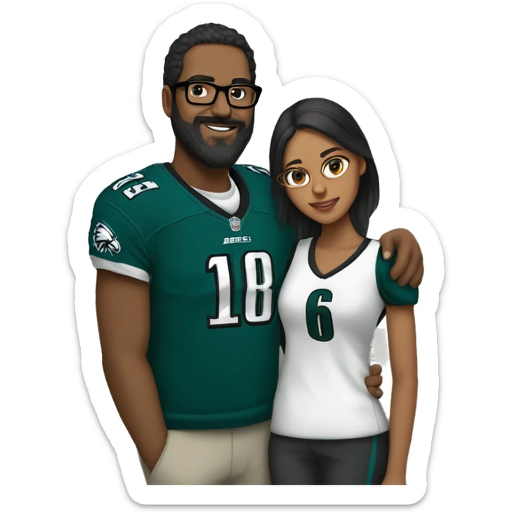 Brown guy with beard mustache and brown girl with glasses and her hair in a bun in Philadelphia eagles clothes holding hands sticker
