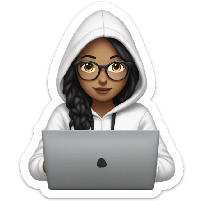 a white tenage girl with black hair and glasses wearing a hoodie working on a laptop sticker