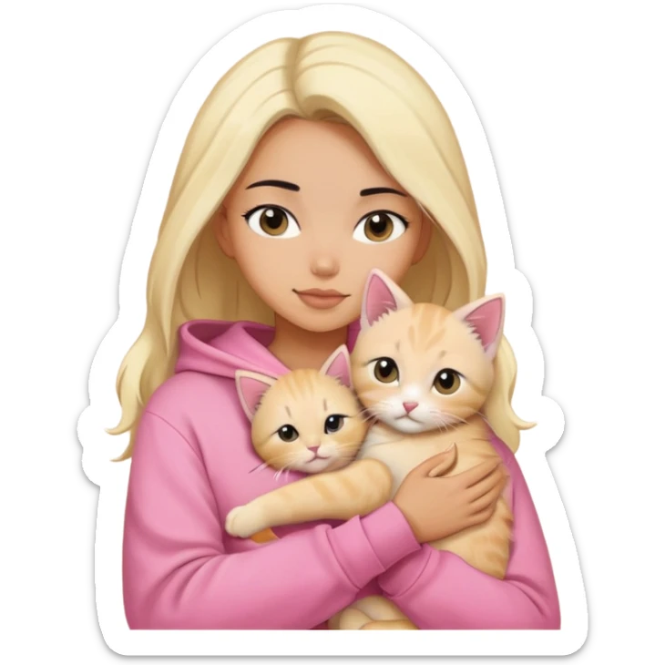 pretty woman wear pink hoodie and her hair is black..hugs a blonde kitten  sticker