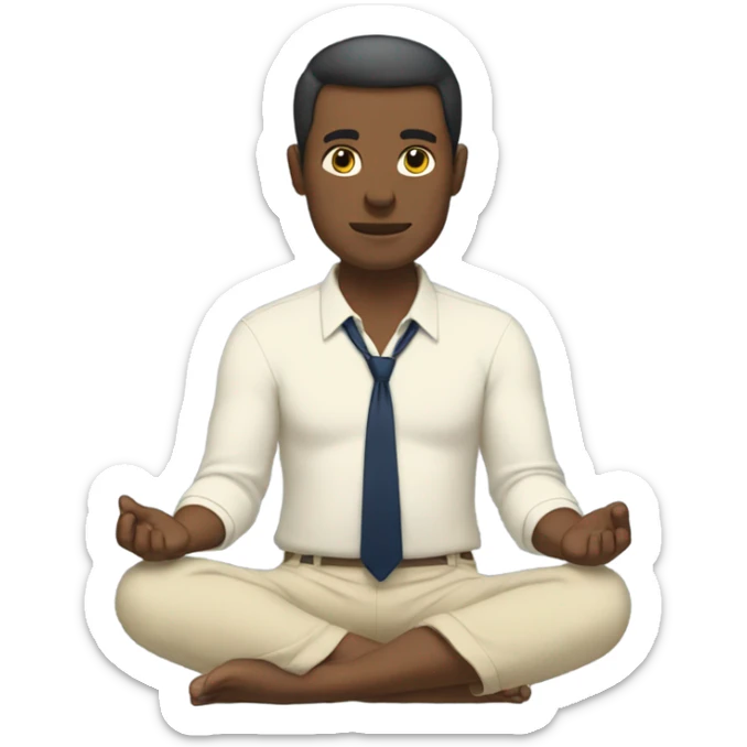 man meditating sitting down with cream dress shirt and navy blue pants . no tie sticker