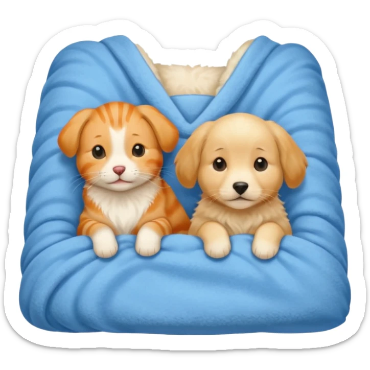 An Orange cat and an English cream retriever dog in a blue blanket  sticker