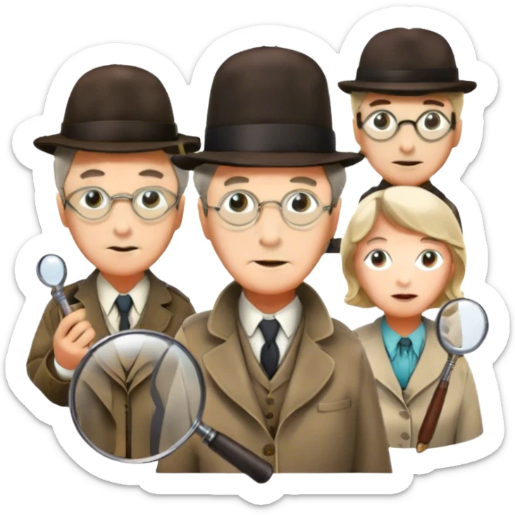 Icon for Detective Movies: A colorful collage with Sherlock Holmes, Miss Marple, and Pinkerton. Include magnifying glasses, clues, detective tools, a criminal and a policeman in the background. The design should evoke mystery and intrigue, with a classic detective movie feel. Transparent background. sticker