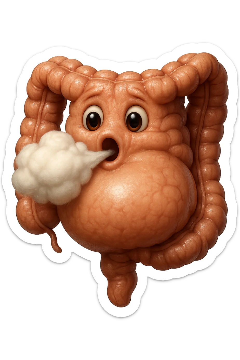 emoji stile iphone di un intestino che ingoia una nuvoletta di aria ben visibile e gli si gonfia la pancia, non fargli il naso, iperrealistico 4k sticker
