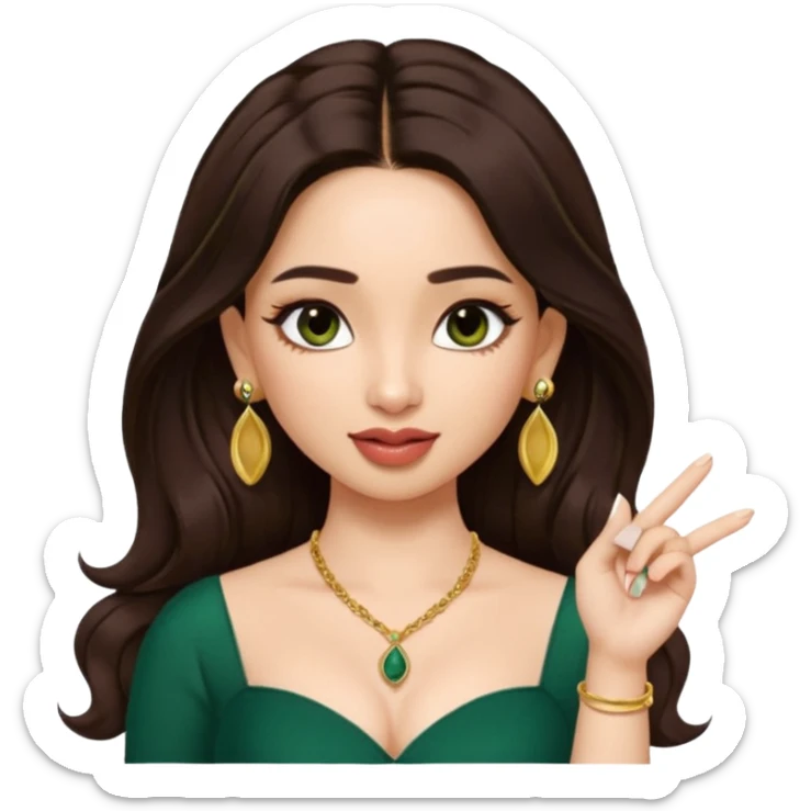 pretty bratz genmoji that looks like tamannah bhatia (bollywood actress), wearing a dark green sweetheart neckline top, dark brown hair, light makeup, no necklace, dangly earrings, side hair part, fair. dark brown eyes, long hair

Show her licking her finger  sticker