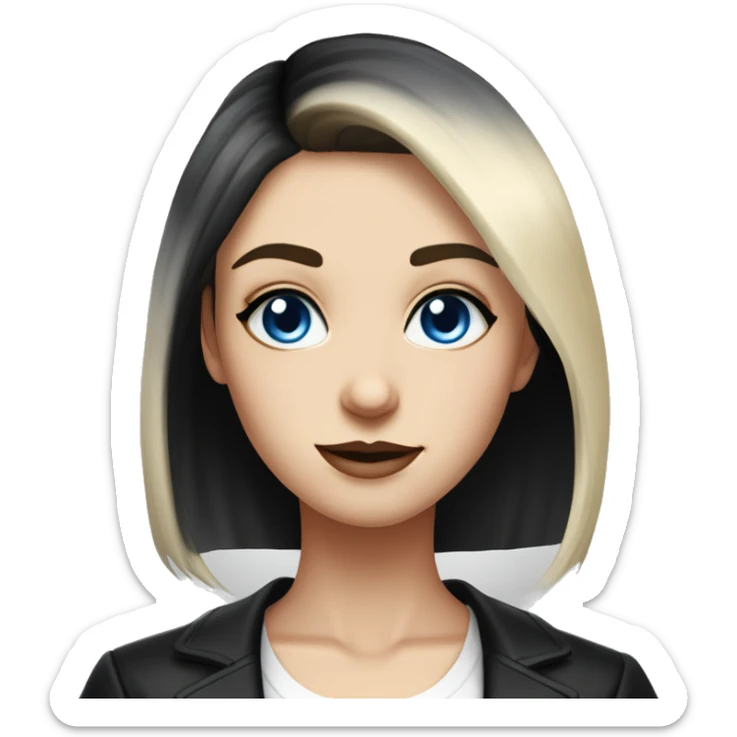 waist-length portrait, looking up, Slavic adult woman, goth eyes makeup, blue eyes, medium bob black-to-blonde ombre straight hair, white T-shirt and black office jacket. sticker