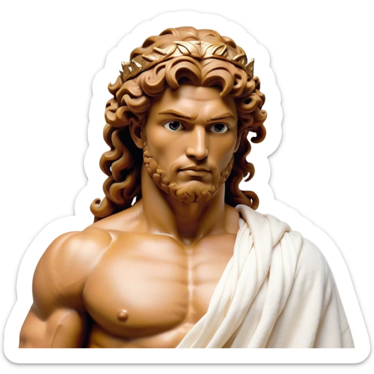Cinematic Realistic Hercules Portrait, depicted as a classical Greek hero merging the fierce masculinity of Hercules with the refined face of Michelangelo's David. His light tan, chiseled skin glows with timeless strength, and his thick, curly, golden brown hair cascades in natural, sculpted curls reminiscent of a warrior’s mane. Draped in a flowing white robe with delicate golden accents and crowned with a traditional Greek laurel wreath, his intense, determined eyes exude noble might, all rendered under dynamic natural lighting with a mythic, radiant glow. sticker