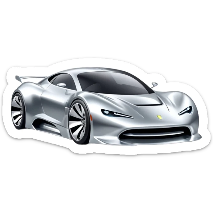 A low-profile futuristic car emoji made of polished silver chrome, wide body stance, smooth aerodynamic shape, glossy metallic surface, soft reflections, luxury swag aesthetic, minimal details, iOS emoji style, centered on clean white background, studio lighting sticker